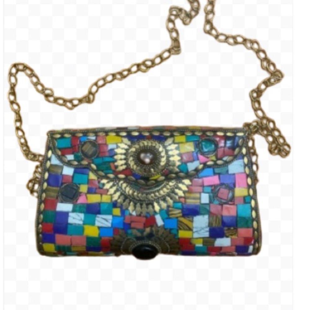 Clutch Crossbody Handcrafted Mosaic Stone Tiles Bag Chain Ornate Metal ANTIQUE - Picture 3 of 15